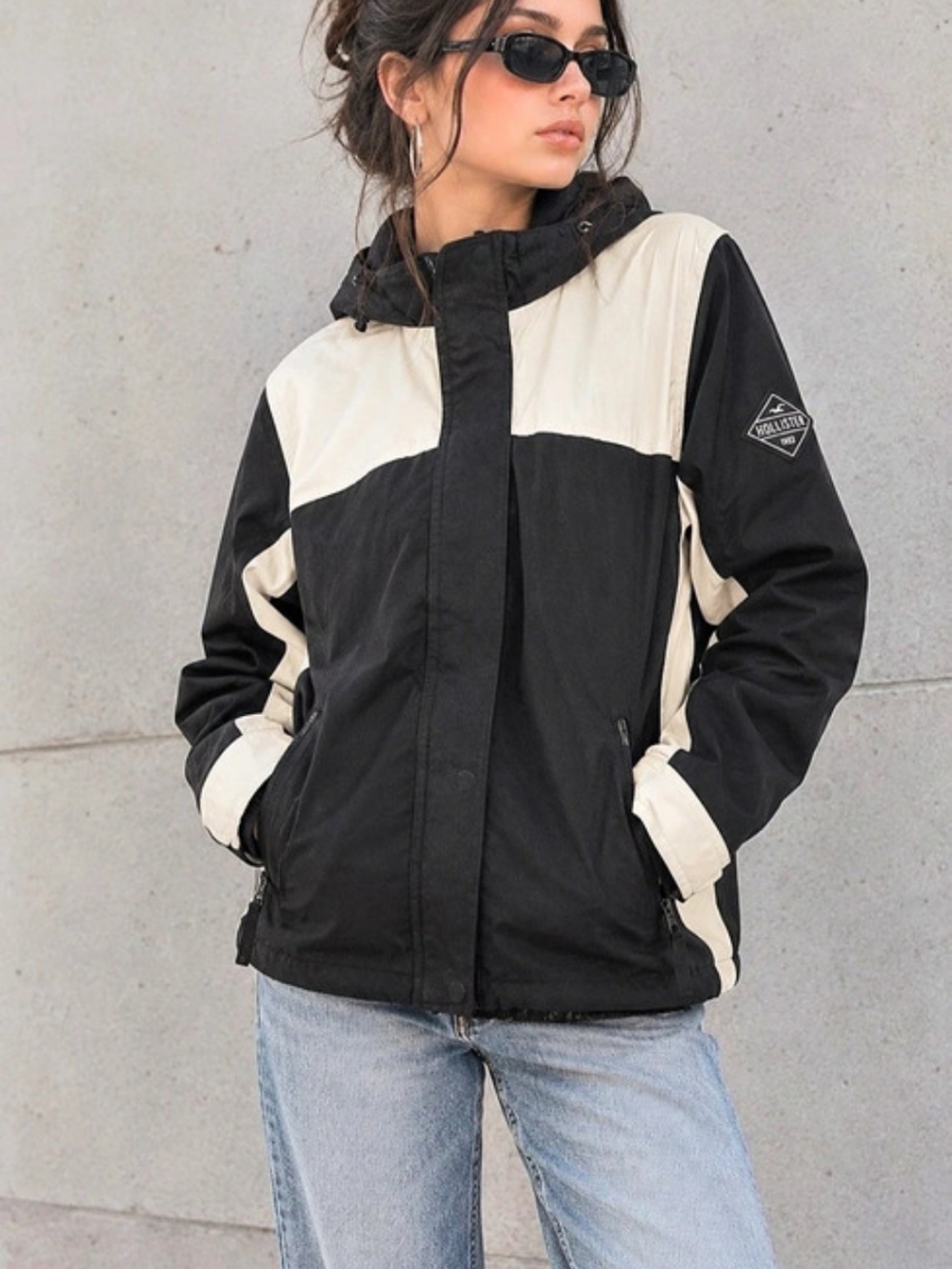 Hollister Y2K Colorblock Hooded Jacket L Black White All Weather 2000sStreetwear